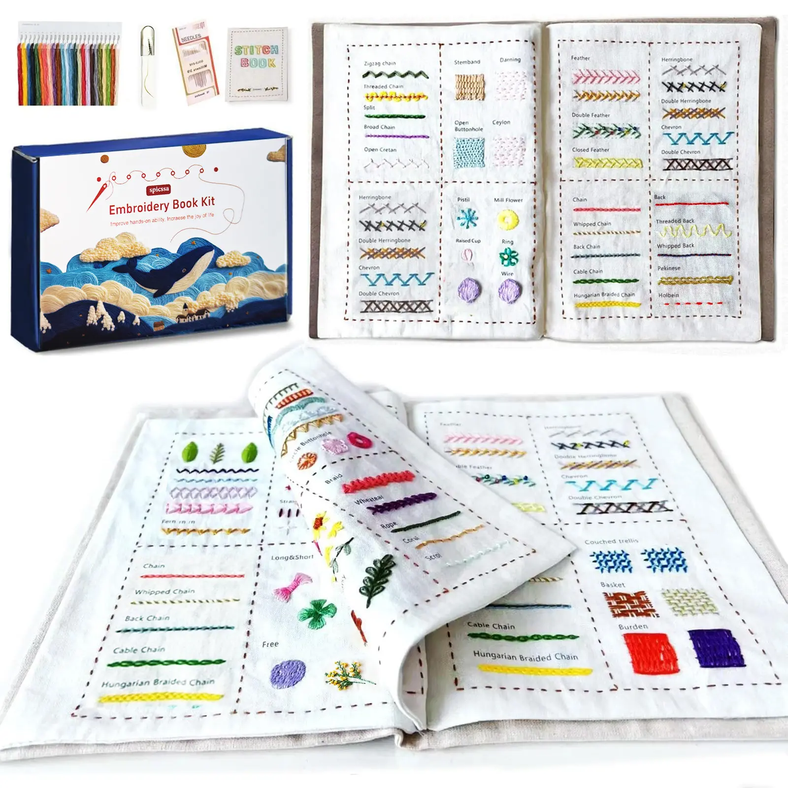 KYLVO Beginner DIY Embroidery Book Kit, Complete Hand Needlework Set with Linen Fabric, Hoop, Embroidery Thread & Video Tutorials, Flip-Through Keepsake Gift for Adults