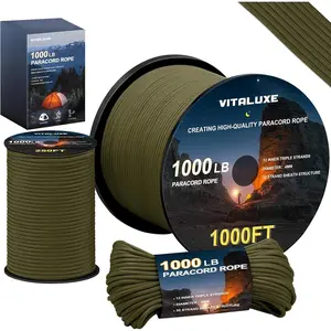 1000lb Paracord Rope, 4mm 12 Triple Strands, Heavy Duty Tactical Parachute Cord for Survival Gear, Camping, Hiking, Ideal for Bracelets, Lanyards, Type III