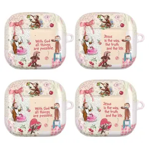 Coquette Pink Curious George AirPods Case | Cute Floral Curious Monkey Patchwork -Cottagecore Cherry AirPods Cover for AirPods 4 Airpods 3 Airpods Pro 2 AirPods Pro Gen 3 | Cute Faith Floral, Gift for Women & Girls