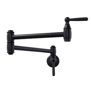 WOWOW Black Wall-Mount Brass Pot Filler Faucet, Modern 2-Handle Fixture with Dual Swing Joints, Foldable Arms and Faucet Aerator for Stove Filling
