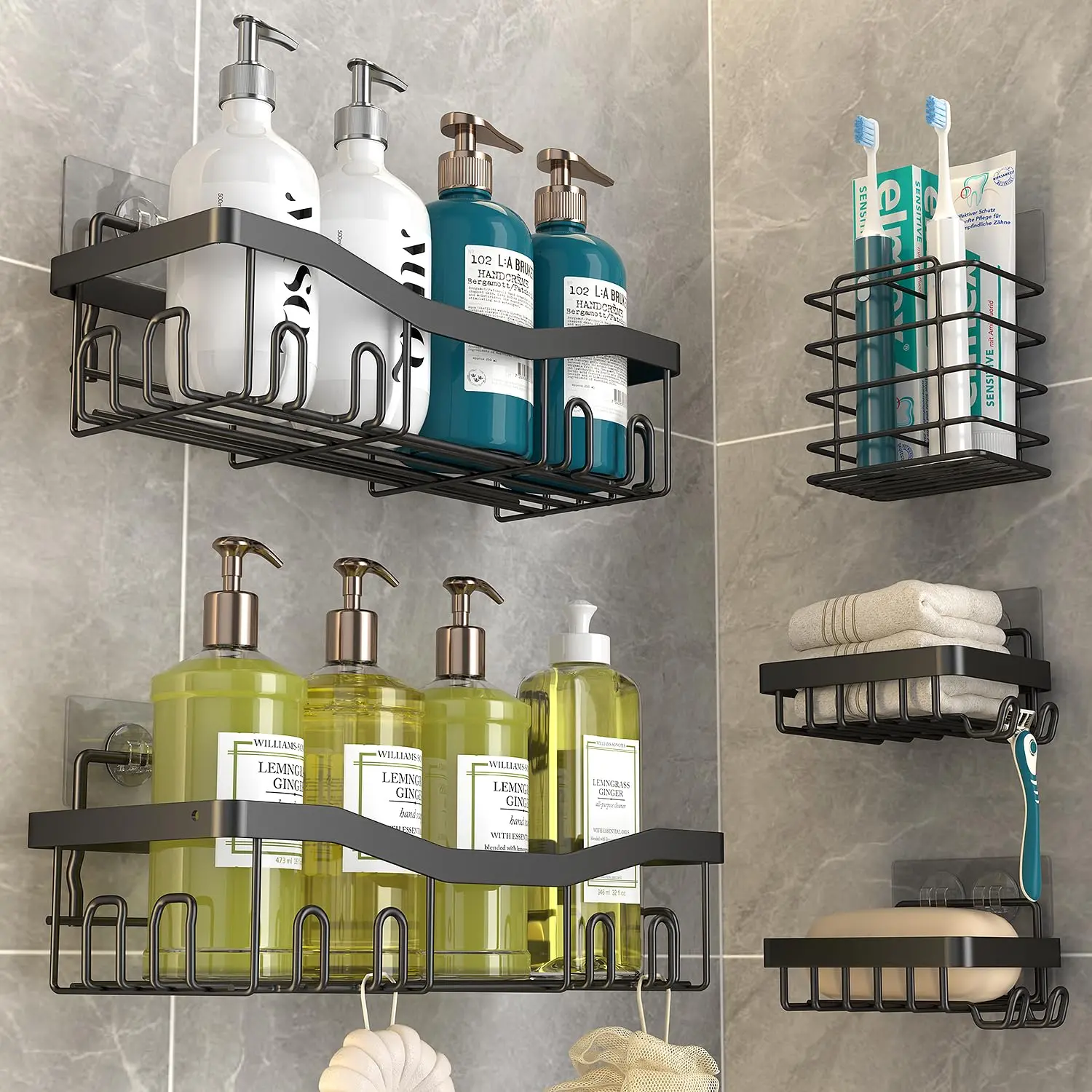 5-Pack Stainless Steel Adhesive Rustproof Shower Caddy with Soap Dishes, Toothbrush Holder & Hooks – Large-Capacity No-Drilling Shower Organizer Shelves Rack for Bathroom Storage Accessories