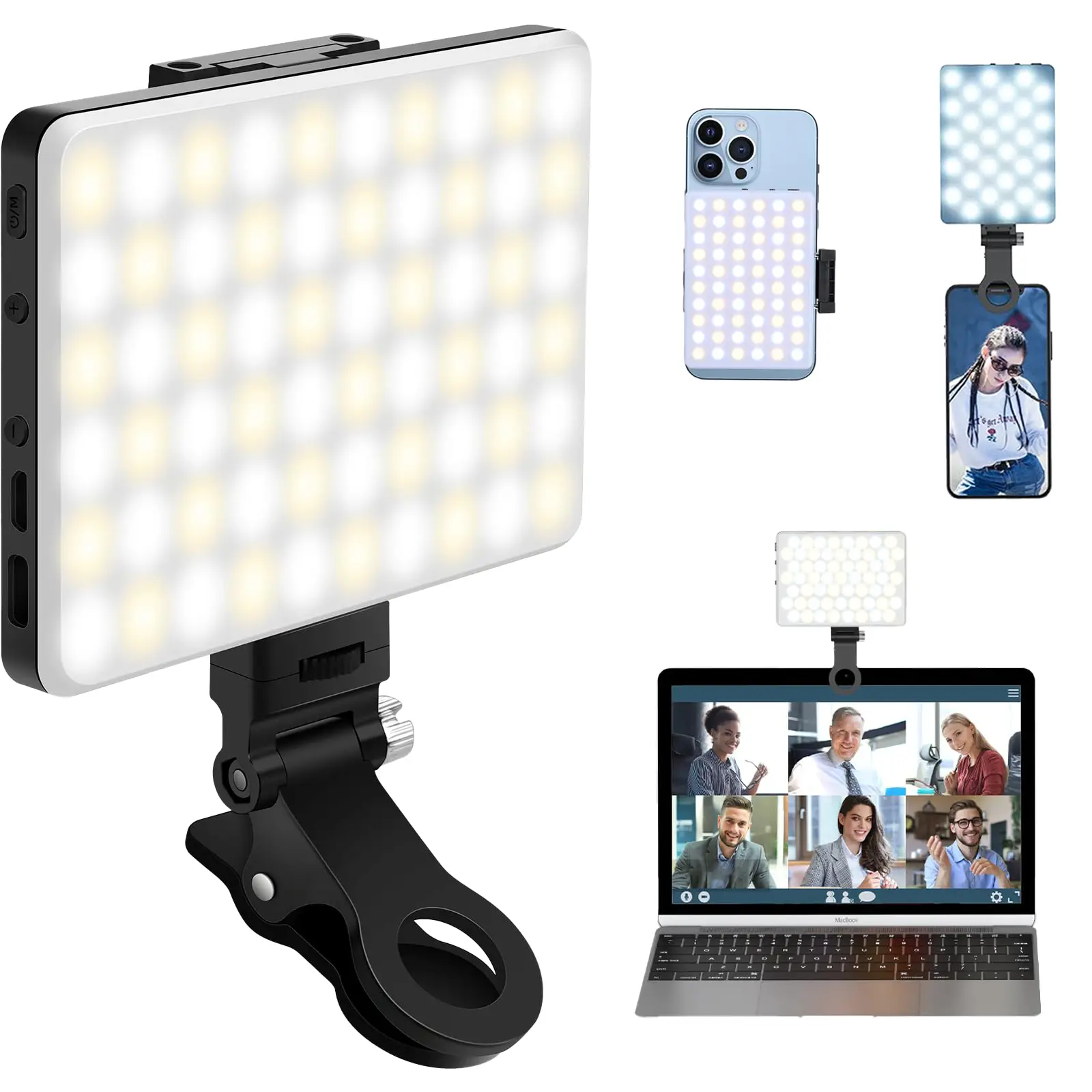Portable LED Selfie Light with Front & Back Phone Clip, High Power 60 LED 3000MAH Rechargeable, 3 Light Modes Clip on Ring Light For Tablet/Laptop/Cam