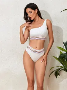 Women's Beachwear Asymmetrical Neck Bikini Set, Wave Pattern Design, Comfortable & Stylish Swimwear, Perfect for Summer Water Activities