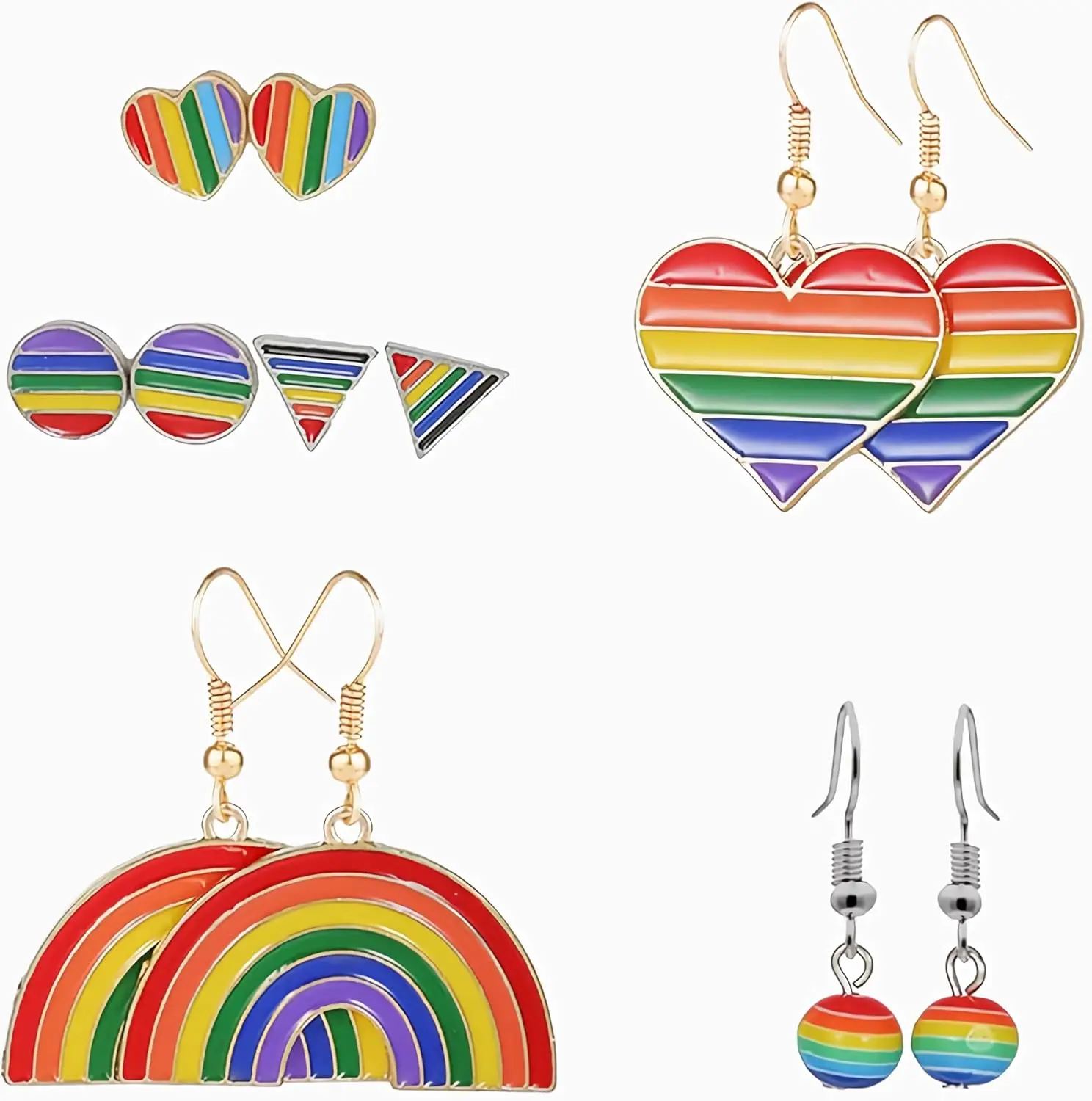 Rainbow LGBT Pride Earrings 6 Pairs Enamel Earrings Set - Heart Stud Round Stud Triangle Flag Heart Dangle Arc Dangle & Sphere Drop Gold & Silver Tone Pride Month Jewelry Gift