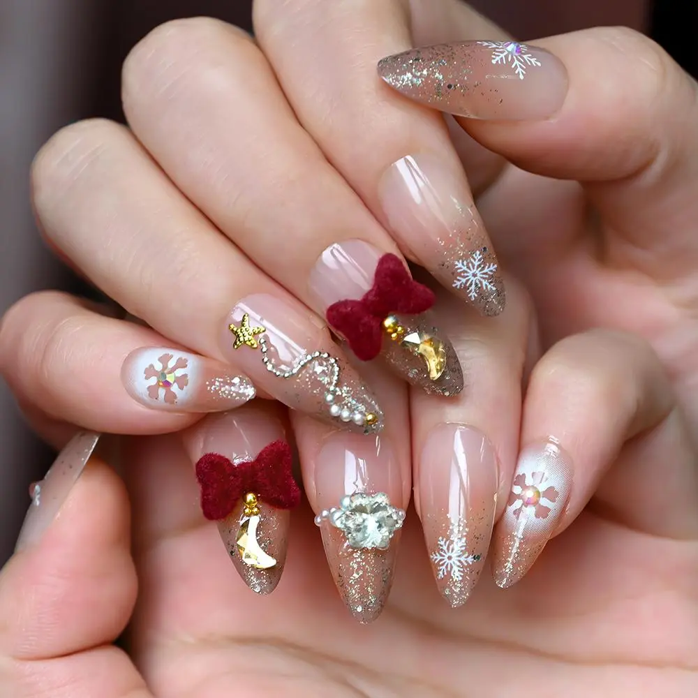 24Pcs Glitter powder French Christmas Fake Nails Almond Full Cover False Nails Snowflake with Bowknot Rhinestone Press On Nails