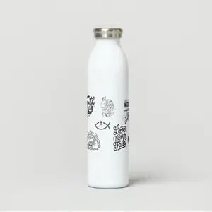 Bible Verse Water Bottle - White Design with Religious Symbols and Text Motif