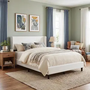 Velvet Upholstered Bed Frame with Wingback Headboard, Full/Queen/King Size Platform Bed Frame, Wood Slats Support, No Box Spring Needed, Easy Assembly, White, Full Size Bed