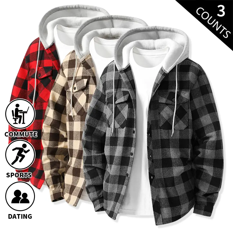 3-Pack Men’s Hooded Plaid Button-Up Shirt, Long Sleeve Drawstring Hooded Checkered Shacket with Chest Pockets, Loose Casual Layering Top