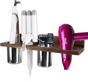 Wooden Hot Tool Holder, Bathroom Wall Organizer Hair Dryer Holder Wall Mounted with 2 Cups for Curling Iron, Flat Iron, Blow Dryer, Brush, Hair Styling Accessories - Brown