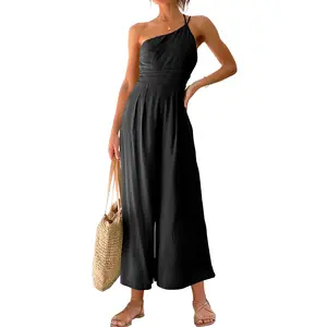 ANRABESS Women's Summer Straps One Shoulder Pleated High Waist Casual Wide Leg Jumpsuit Romper with Pockets
