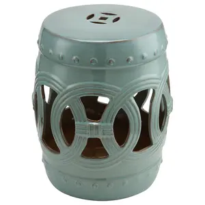 Blue Glazed Ceramic Stool for Extra Seating Footrest Indoor Outdoor Use Elegant Knotted Ring for Farmhouse Cottage Balcony Sunroom Porch Collection