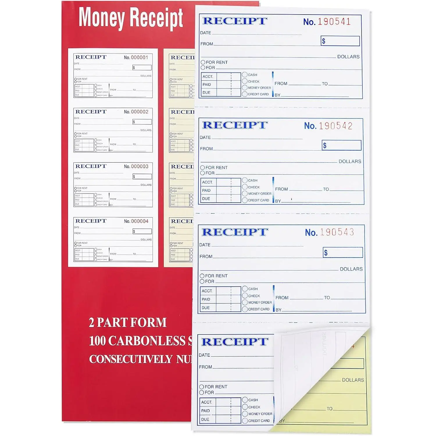 2-Part Carbonless Receipt Book with Carbon Copies for Business Owners and Accountants, 100 Sets, 4 Receipts Per Page, Two-Part Form