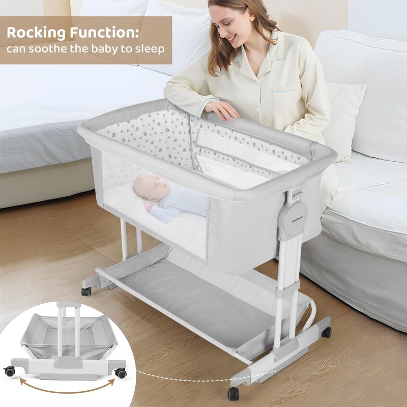 Cowiewie Bassinet Bedside Sleeper, Rocking Bassinet for Baby with 4 Wheels & 7 Adjustable Height, 360° All-Round Breathable Mesh Sides Bedside Crib, 2025 New