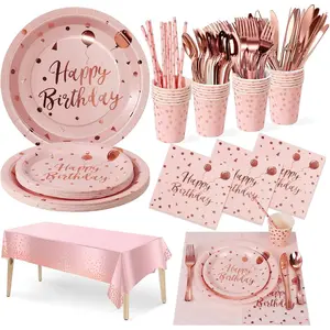 Birthday Party Tableware, 161 Pieces Pink and Rosegold Party Supplies, Party Dinnerware Sets Include Paper Plates Napkins Cups Silverware, for Shower Engagement Parties Decoration -20 Serves