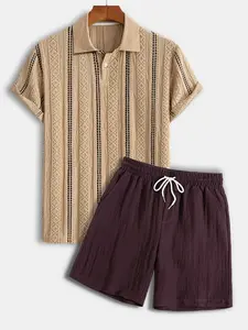 Men's Stretch Knit Jacquard Polo Shirt & Linen Blend Shorts Matching Set Clothes, 2 Piece Casual Breathable Summer, Ideal for Beach Golf Daily Wear