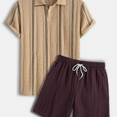 Men's Stretch Knit Jacquard Polo Shirt & Linen Blend Shorts Matching Set Clothes, Menswear, Tropical 2 Piece Casual Breathable Summer, Ideal for Beach Golf Daily Wear