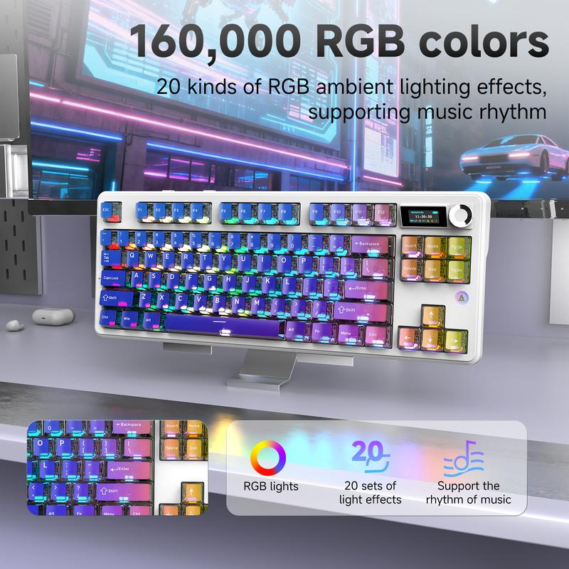 Ajazz MK87 PRO Wireless Gaming Mechanical Keyboard, Wireless/Wired/Bluetooth, ideal for gaming, computing, and office use, gaming setup,compatible with Windows/Mac/PC.