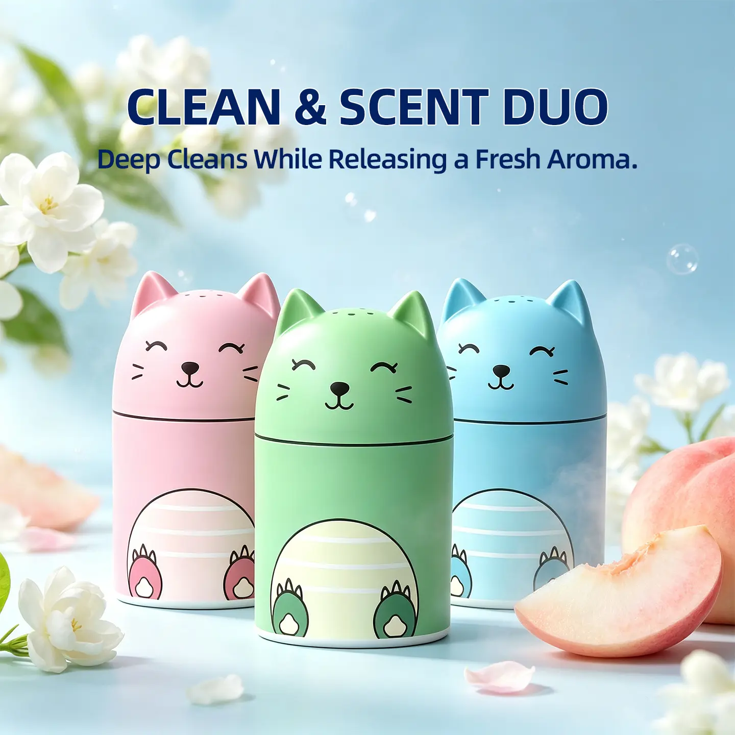 [BUY 1 GET 3]  Household Toilet Bowl Cleaner Bottle Set with Ocean Jasmine, Peach, Lemon & Strawberry Scents, 3-Color Design, 9 Months Powerful Cleaning Tablets for Household Items, Indoors Scented Cleaning Products Flowers Toilet Cleaner
