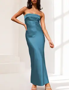 Women's Satin Strapless Backless Maxi Dress, Elegant Wedding Guest Dress, Summer Bridesmaid Dress, Formal Evening Dress & Vacation Dress