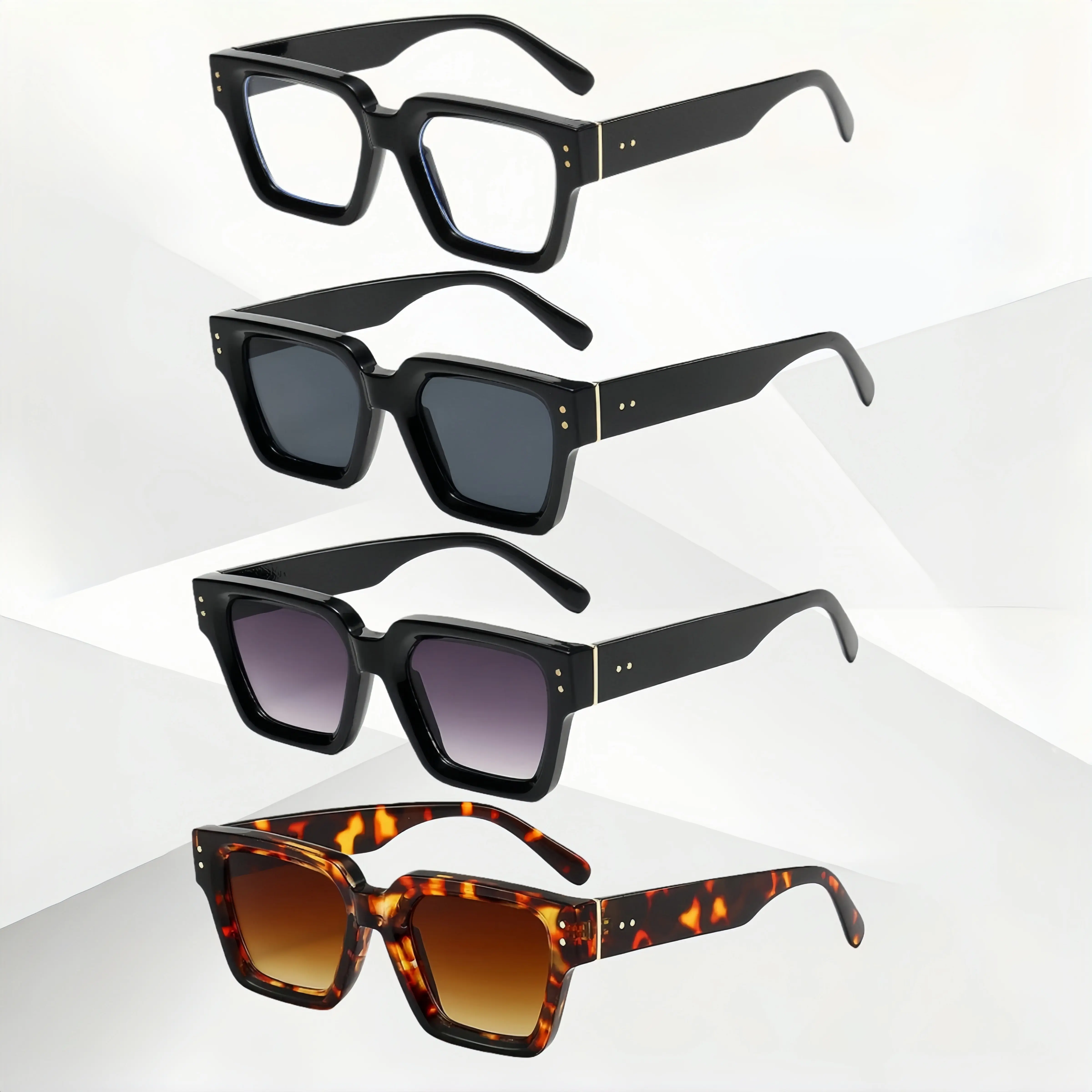 4pcs Unisex Trendy Square Sunglasses Set - Retro Rivet Frames, Gradient Lenses, UV400 Eye Safety, UV Protection, Square Framed Sunglasses, Festive Party Accessory, Retro Rivet Look