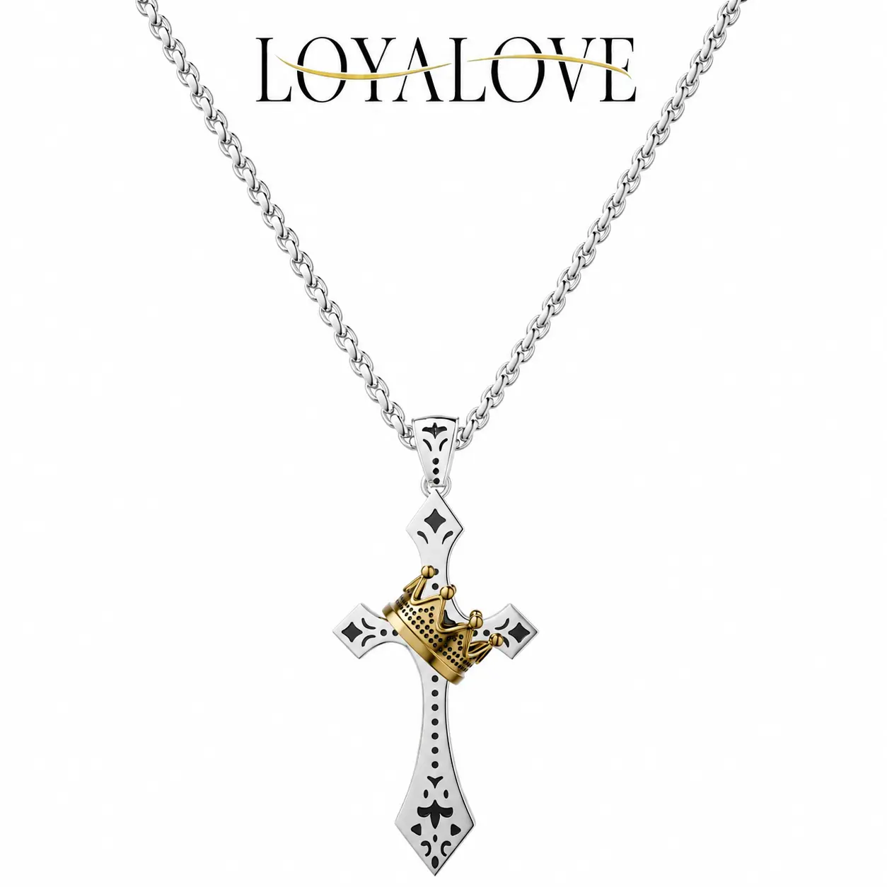 LOYALOVE Vintage Silver-Tone Crown Cross Necklace for Men, 24 Inch Gothic Pendant Chain, Y2K Statement Jewelry, Unisex Gift