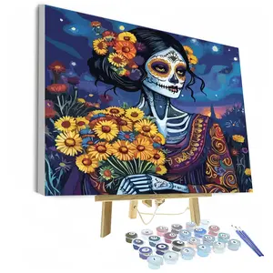 Sunflower Skull DIY Paint by Numbers Kit, Home Decor Art Craft, Canvas Art, Ideal Gift for Adults Beginners, Includes Acrylic Paints and Brushes