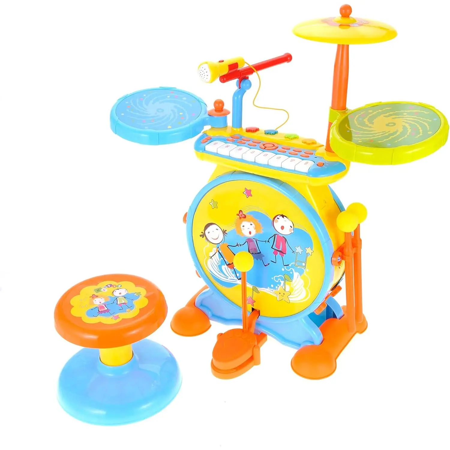 Deluxe 2 in 1 Keyboard and Drum Set Toy for Kids | Children's Musical Instrument Play Set Comes with Drum Set, Piano and Microphone | Colorful Lights and Sing-Along (Yellow)