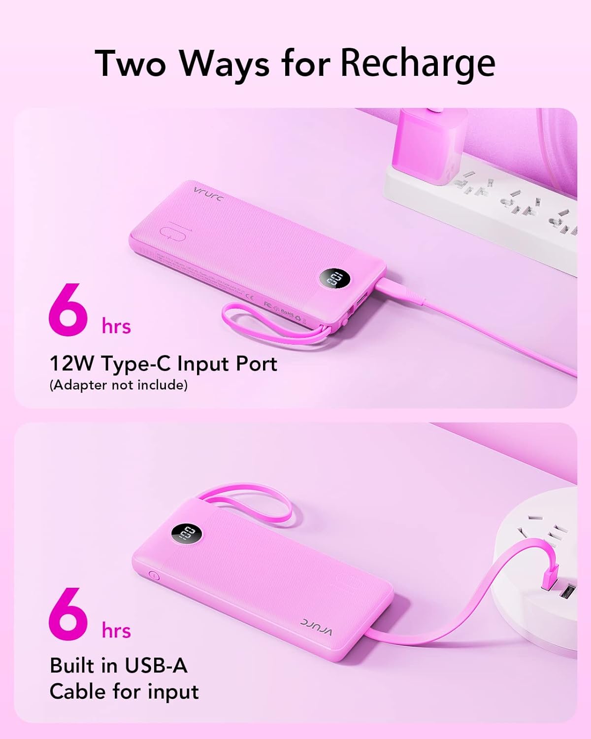 VRURC 10000mAh  Power Bank, Cute Slim Multi-Device Portable Charger with Built-in Cables for iPhone, Android - Purple,back to school,back to school haul
