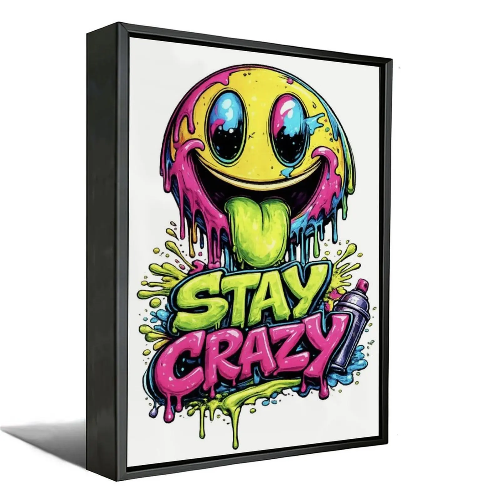 Stay Crazy Drippy Smiley Face Graffiti Canvas Wall Art, Neon Color Street Spray Paint Style Poster, Hip Hop Urban Trendy Wall Decor For Game Room, Bar, Streetwear Store, Bedroom, Perfect Cool Gift For Street Culture Lovers, Skateboarders, Hip Hop Fans