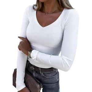 Women's 2026 New Ribbed Knit Long Sleeve Top Sexy V-Neck Slim Fit Long Length Casual Tee Soft Stretchy Fashion Streetwear for Daily Party & Vacation Outfits