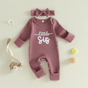 Newborn Infant Baby Girls Romper Letter Little Sister Embroidery Long Sleeve Round Neck Back Ruffled Jumpsuit with Bow Headband Clothing		