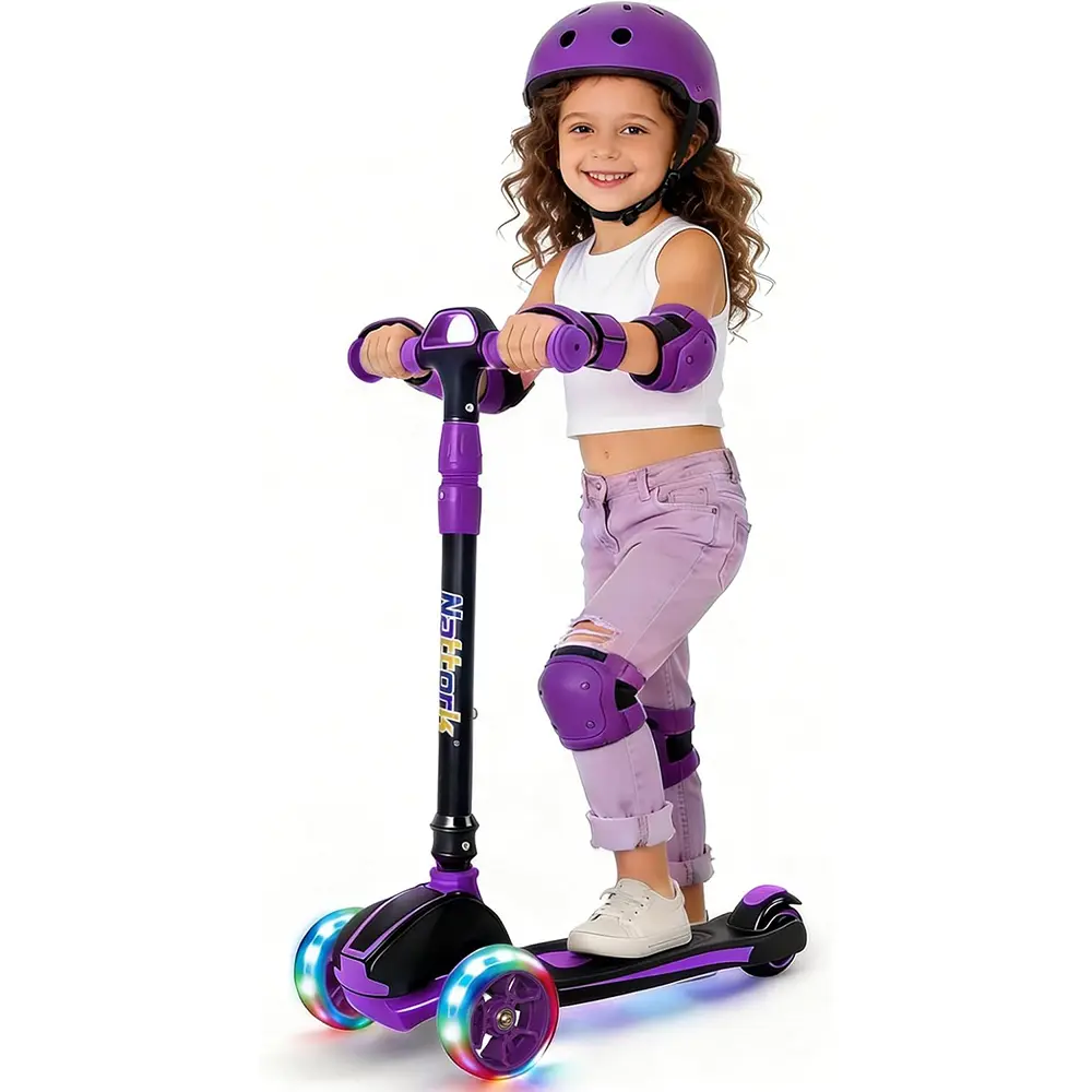 Foldable Kids Kick Scooter for Boys Girls Ages 3-8, 4 Adjustable Heights Toddler Scooter with 3 Light Up Wheels, Lean-to-Steer Design, Sturdy Scooter Holds Up to 120LB for Outdoor Play & Daily Riding