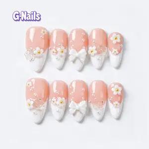 G-Nails A88 10pcs Handmade Press On Nails Reusable Medium Almond Nails with 3D Crystal Rose Design & White Bow Premium Craftsmanship for Valentine's Day