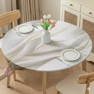1 Piece Round Tablecloth, Simple Style with White & Gold Line Printed Elastic Round Table Cover, Polyester Machine-Washable Half Table Cover, High-Quality Elastic Table Cover, Tear-Resistant Round Table Cover, Reusable, Suitable for Round Table Tops.