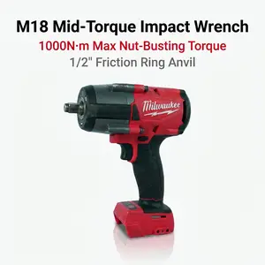 Milwaukee M18 FMTIWF12 Industrial Electric Wrench Powered By 18V System, Delivering Stable 1000Nm Torque Output, Adapted To Workshop Assembly And Outdoor Facility Construction, Adopting Practical Friction Ring Design And Adjustable Rotation Speed Function