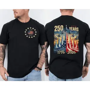 America 250 Anniversary Fighter Jet Graphic T Shirt Front And Back, 250 Years USA Celebration Fighter Jets Patriotic T Shirt