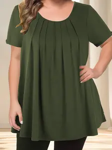 【Plus Size】 Solid Plicated Pleated Round Neck Tee, Casual Short Sleeve Crew Neck Knit T-shirt for Summer, Women's Clothing for Daily Wear
