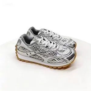 Men's Retro Green Silver Sneakers, Breathable Mesh Lace-Up Design, Chunky Gum Sole Casual Running Athletic Trainers