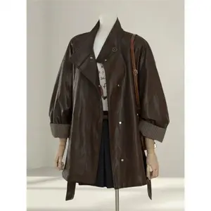 TRNDY LAB Korean High-Grade Brown Leather Jacket Female 2026 Spring And Autumn New Explosions Loose Slim PU Leather Outerwear Top Ladies