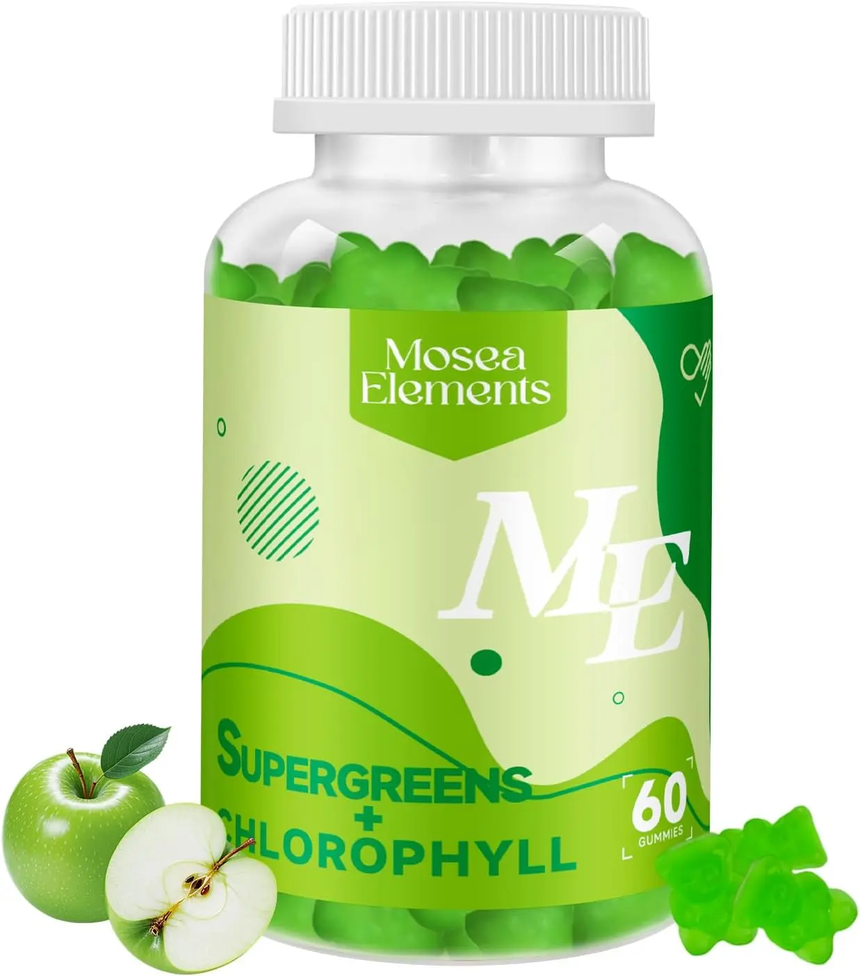 100% Vegan Chlorophyll Infused Chewy Gummy Candies, Juicy Green Apple Fruit Flavor Portable Daily Snack for Adult Ladies, Individually Enjoyable Fruit Chews, Total 60 Count