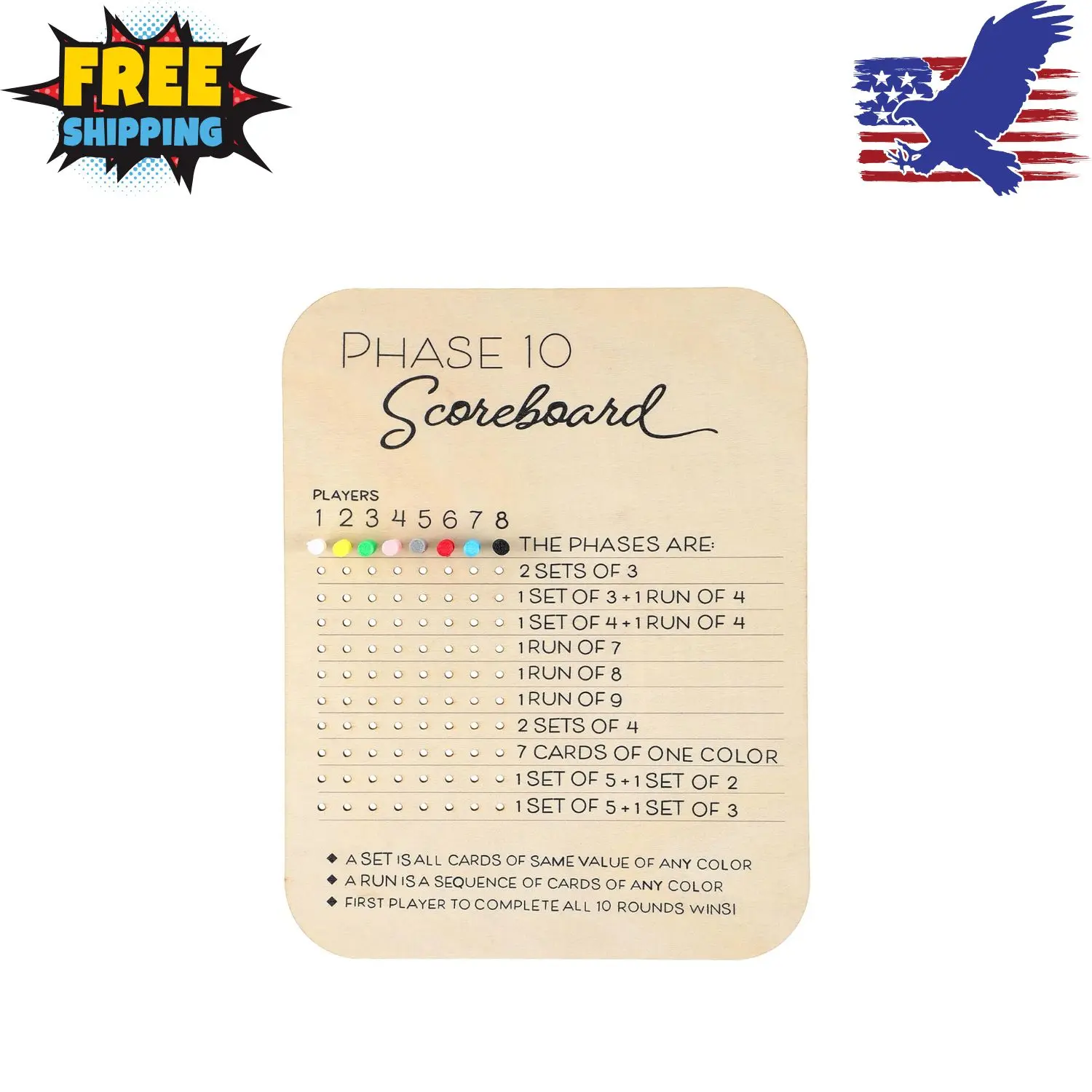 Wooden Phase 10 Scoreboard Set with 8 Colored Pegs
