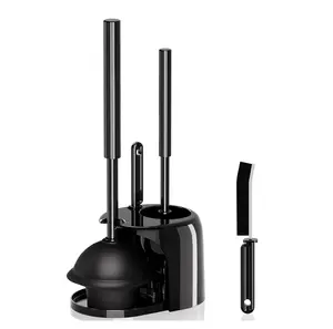 3 in 1 Toilet Brush and Plunger Set with Crevice Cleaning Brush, Toilet Plunger and Brush Set with Extra Long Handle, Plungers for Bathroom Accessories, Toilet Plunger Abrasive Spiral Brushes, Black