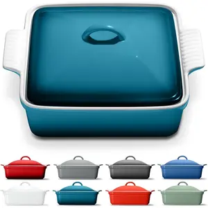 Stoneware Casserole Dish Bakeware with Lid | Covered Square Dinnerware | Medium 2 Quart, [ Blue]