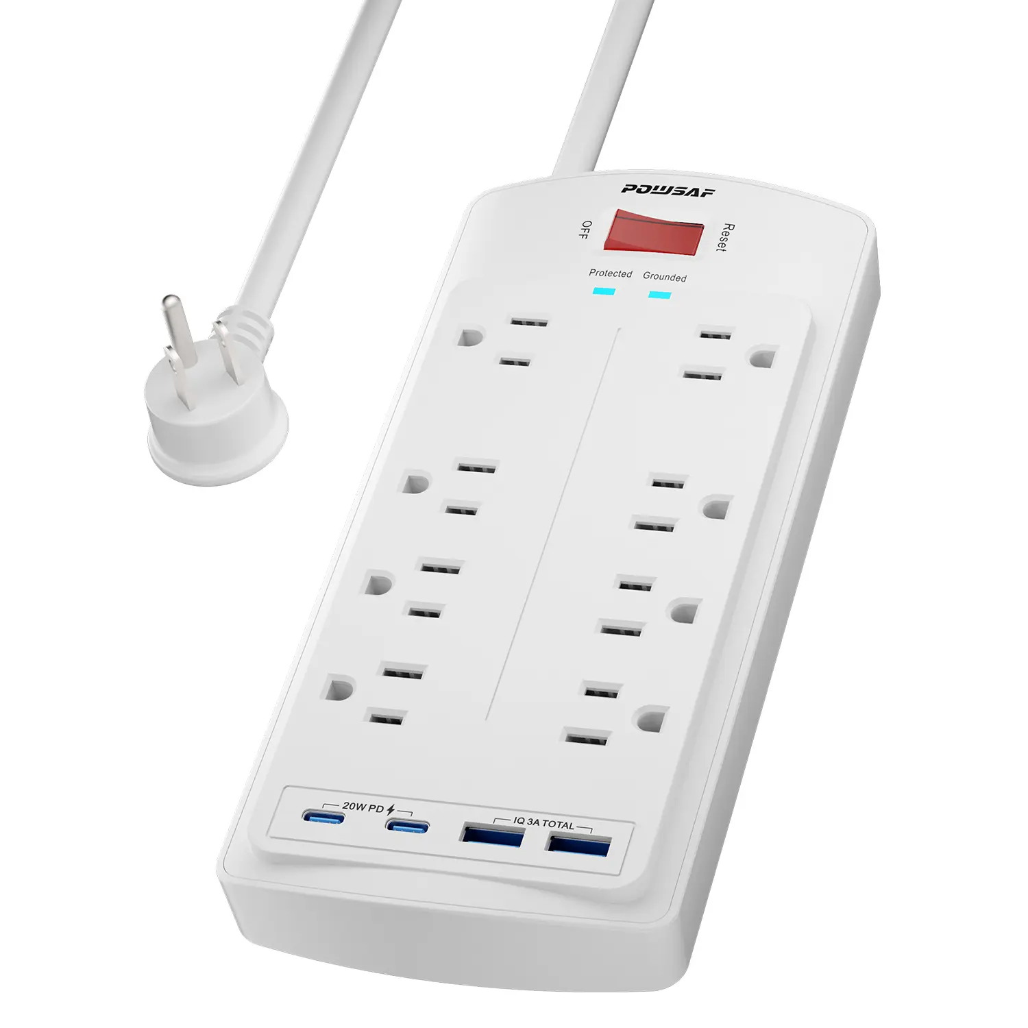POWSAF Surge Protector Power Strip 5Ft Flat Plug with 8 Outlets 2 USB-C 20W Fast Charging 2 USB-A Ports 2700 Joules Chargeable White summerwins