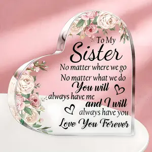 Heart Shaped, 1 Count Acrylic Photo Plaque Flower Letter Pattern Desktop Ornament, Inspirational Desk & Home Decor, Perfect Sister Gift From Sister/Brother
