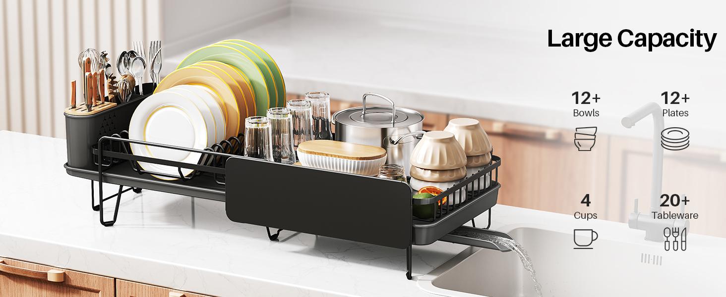 SNTD Dish Drying Rack - Large Dish Racks for Kitchen Counter, Expandable Dish Drainers with Cutlery Holder Stainless Steel Rustproof