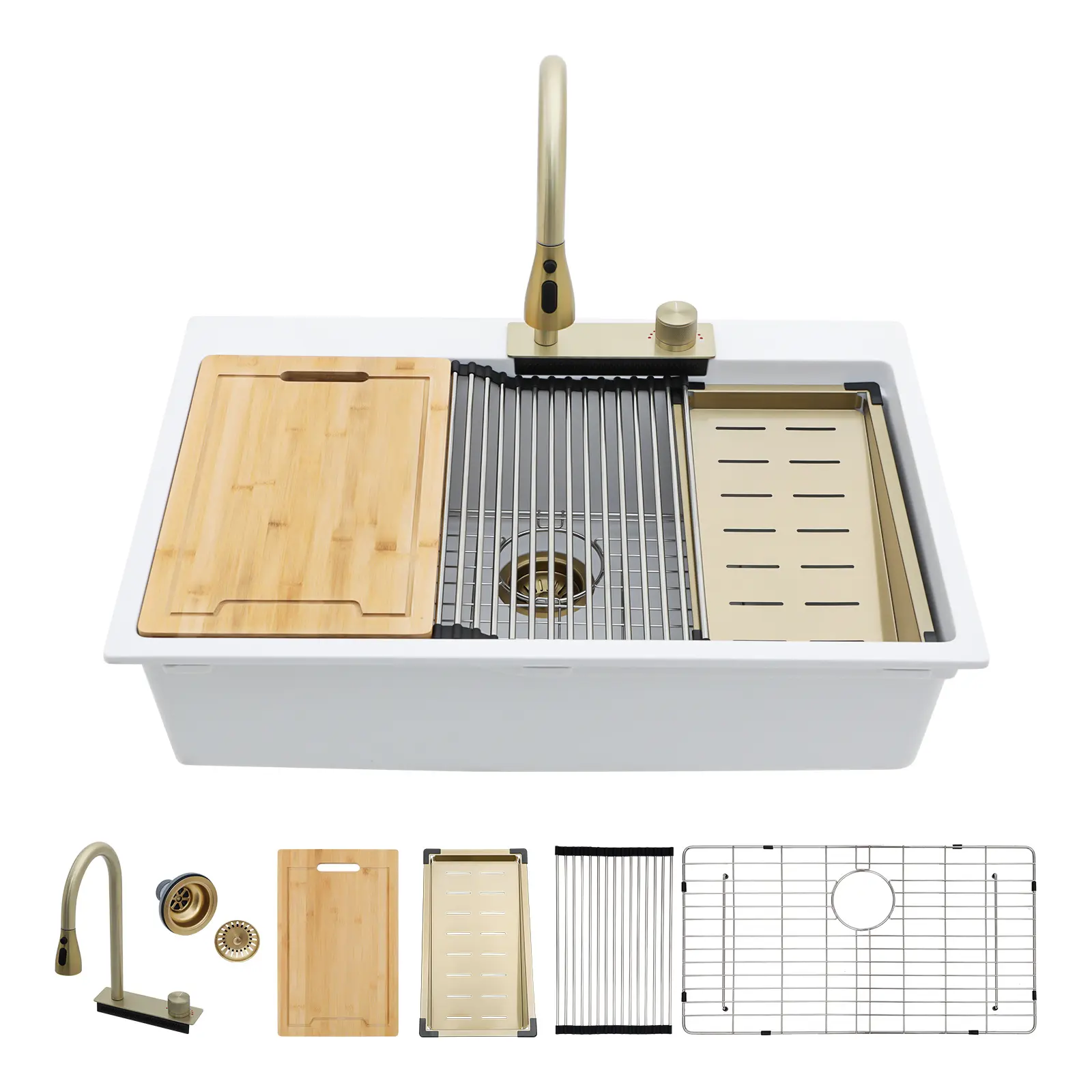 Logmey 33"x22"  Waterfall Quartz Kitchen Sink Single Bowl Granite Composite Sink Workstation Kitchen Sink with Pull-Out Faucet, Home Improvement Finds