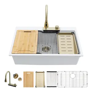 FathersDayGift Logmey 33x22 Inch Waterfall Quartz Kitchen Sink Single Bowl Granite Composite Sink Workstation Kitchen Sink with Pull-Out Faucet