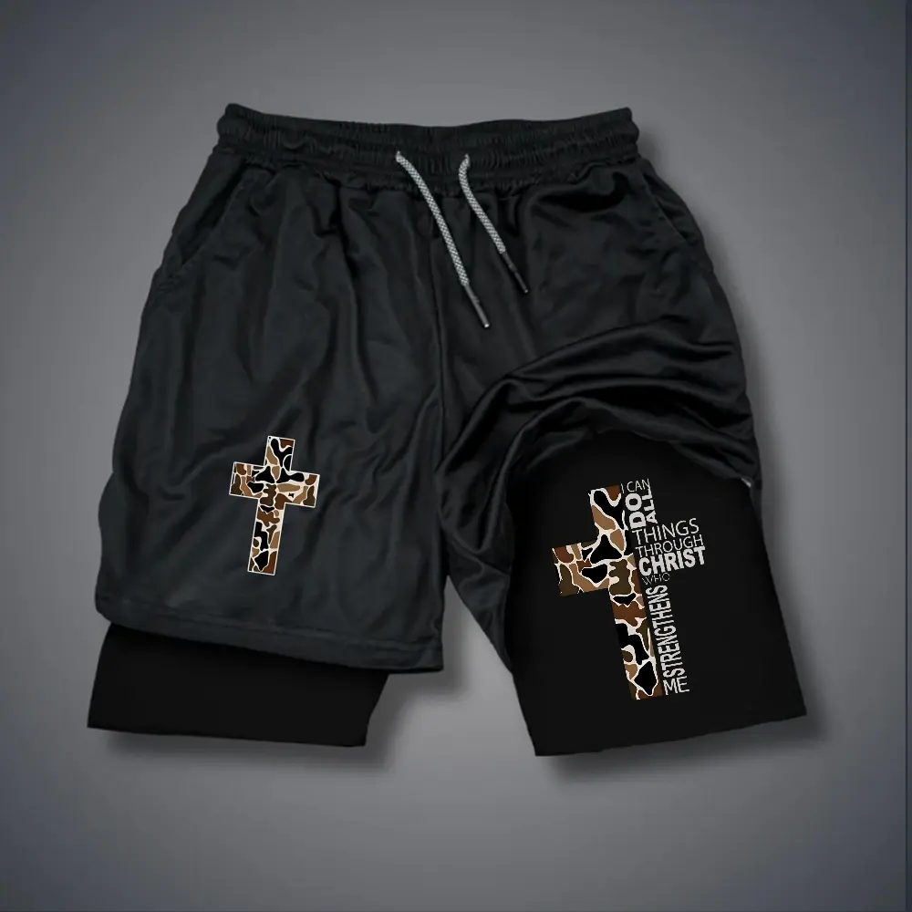 Christian Clothing Double-Layer Sports Shorts Graphic Shorts Black Shorts Camo Shorts Streetwear Shorts Men Outfits Men Short Shorts Vacation Outfits Shorts