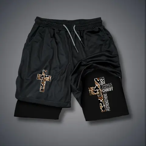 Christian Clothing Double-Layer Sports Shorts Graphic Shorts Black Shorts Camo Shorts Streetwear Shorts Men Outfits Men Short Shorts Vacation Outfits Shorts